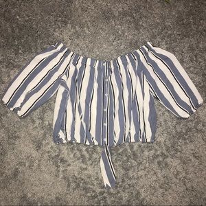 Blue and white striped crop top off the shoulders